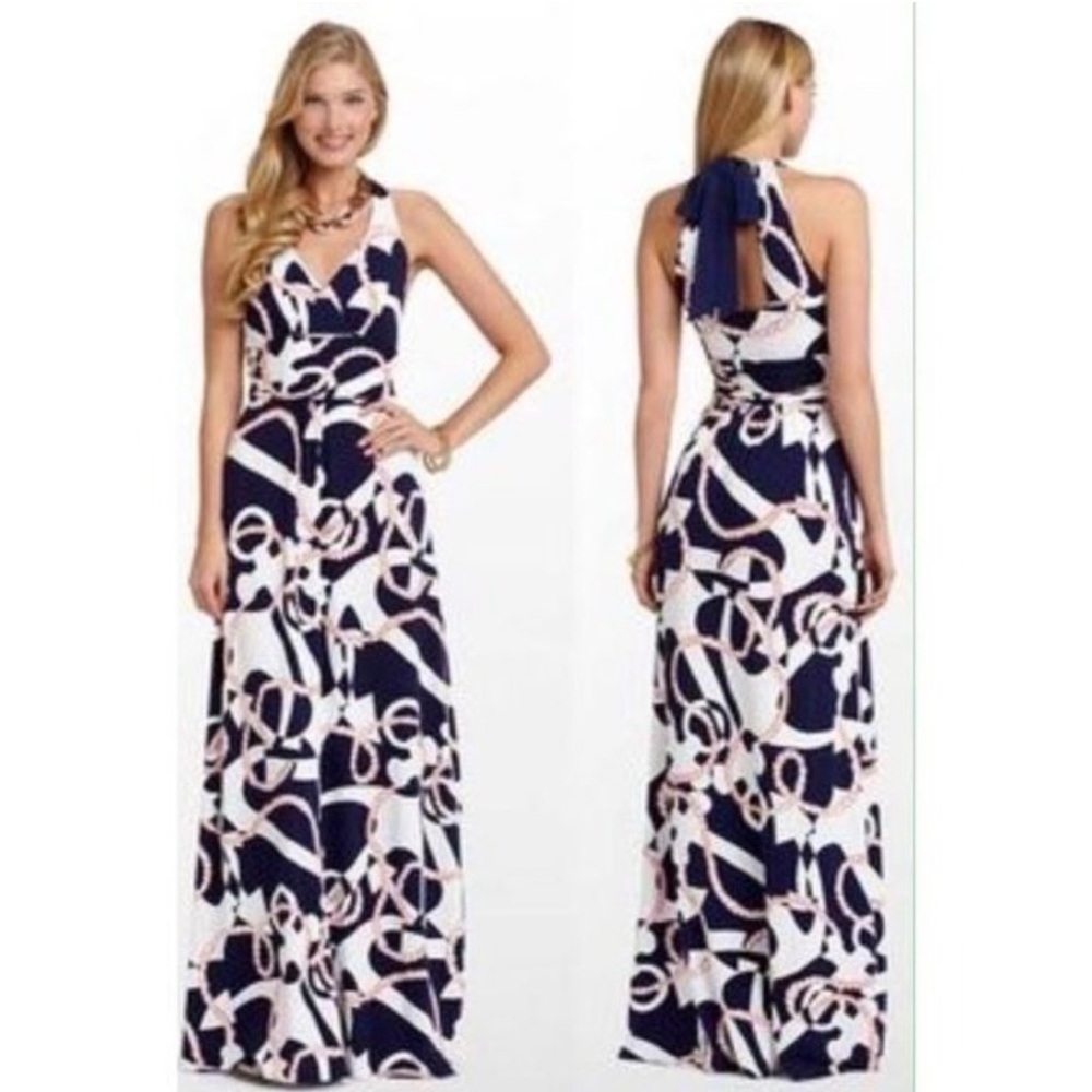 Lilly Pulitzer Navy and White Graphic Print Maxi Dress